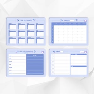 Peut inclure: Quatre blocs-notes bleus clairs avec des motifs floraux. Ils comprennent un calendrier annuel, un calendrier mensuel de janvier, un planificateur hebdomadaire et un planificateur quotidien pour le lundi. Chaque bloc-notes a une bordure bleu clair et un intérieur blanc.