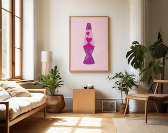 Rosa Herz Lava Lampe Print, Retro 70er Jahre Love Dekor, Groovy Vintage Wandkunst, Psychedelic Dekoration, digitaler Download