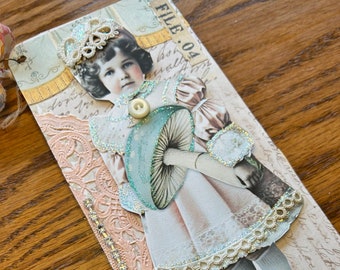 Victorian Shabby ephemera journal tag w pocket insert for junk journals OOAK  frozen charlotte girl w mushroom handmade ant lace, button