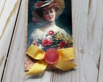 Lady mixed media hang tag, gift tag, journal tag, ooak, pink roses, embellished card, diary insert, journal insert pocket tag paper ephemera