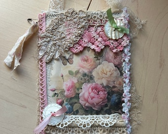 shabby chic PINK Victorian collage hanging, 8.5x4.50, lots of vintage laces, antq buttons w threads, ephemera, fabric tag, fabric