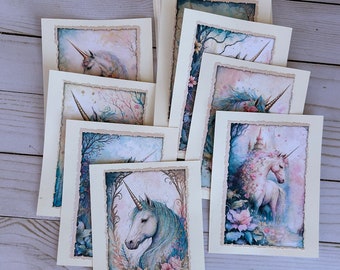 10 handmade greeting cards, journaling cards, pastel Unicorns, envelopes included paper crafting scrapbooking junk journal, single side