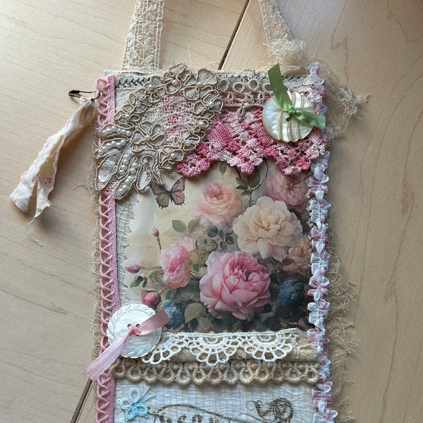 shabby chic PINK Victorian collage hanging, 8.5x4.50, lots of vintage laces, antq buttons w threads, ephemera, fabric tag, fabric