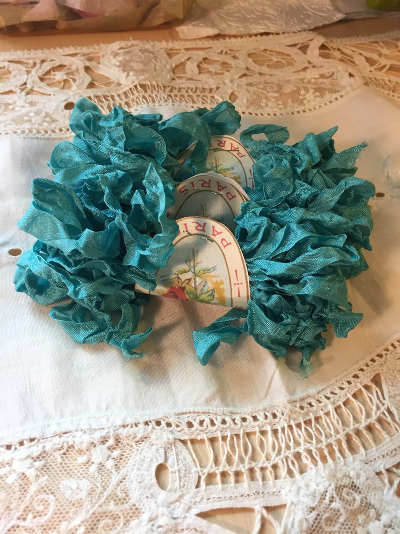Ribbon NEW Scrunched CrinkledBlue Green Zircon seam binding 12 inch wide 5 yards scrapbooking card making tag art gift wrap shabby victori