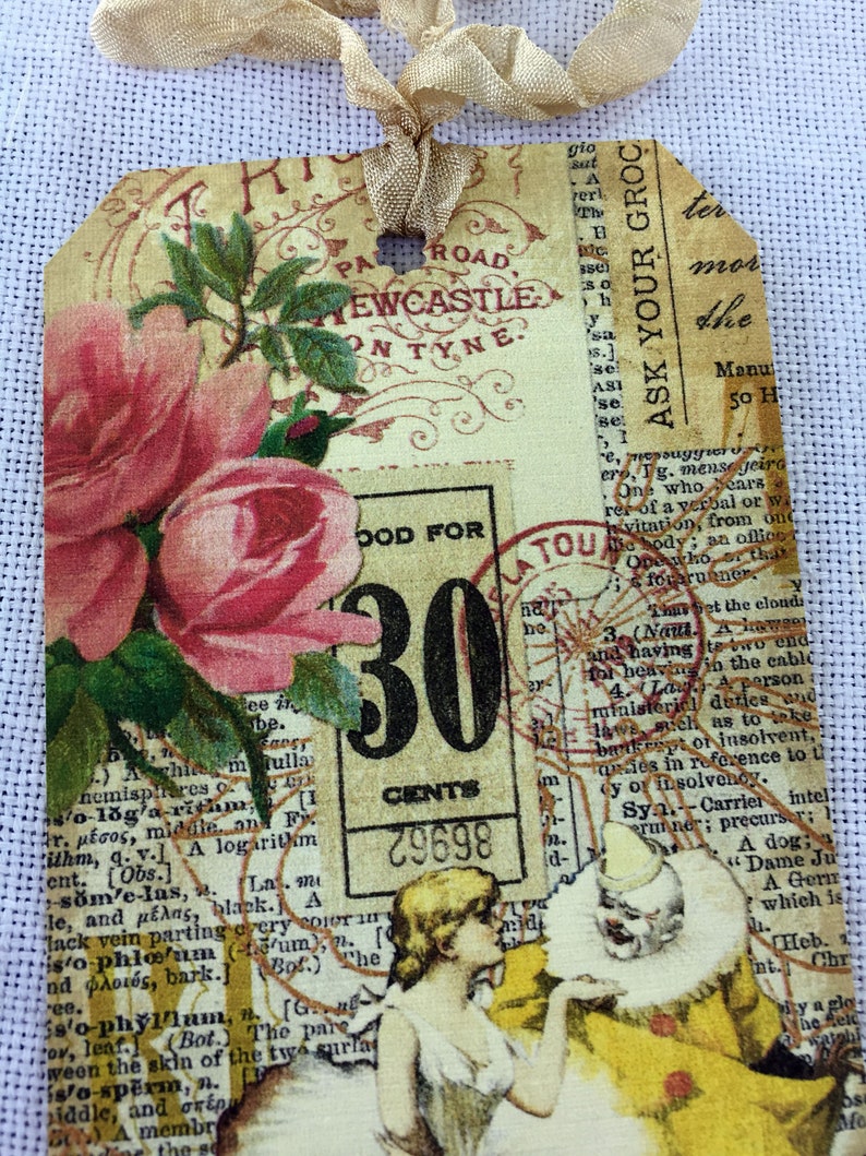 Enjoy the Journey sentiment card Gift Hang Tag Garden tea cup mixed media art junk journal card clown and ballerina vintage collage picture