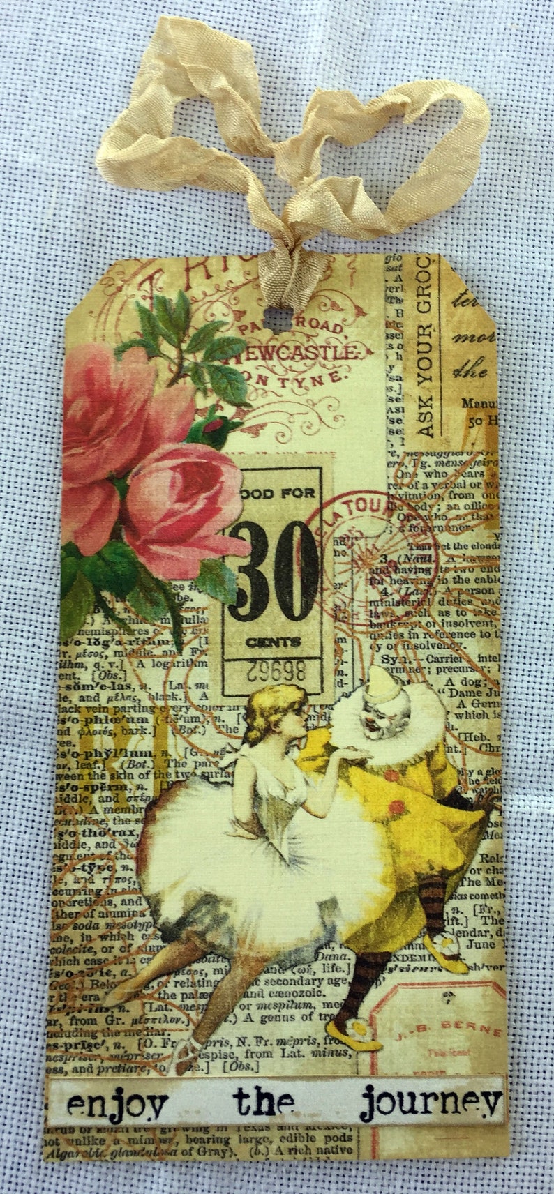 Enjoy the Journey sentiment card Gift Hang Tag Garden tea cup mixed media art junk journal card clown and ballerina vintage collage picture