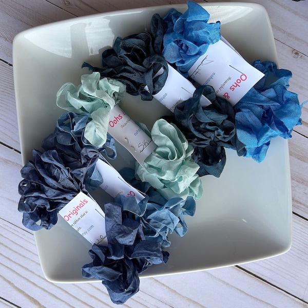 25 yds shades of blues/seam binding crinkled crinkly curly seam binding ribbon/journal embellishment/ribbon bundle/beautiful/
