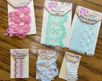 10 Sweet junk journaling antique lace sample cards ,cute, handmade, pocket, embellished tags, scrapbook, ephemera tags, small set w 10 tags