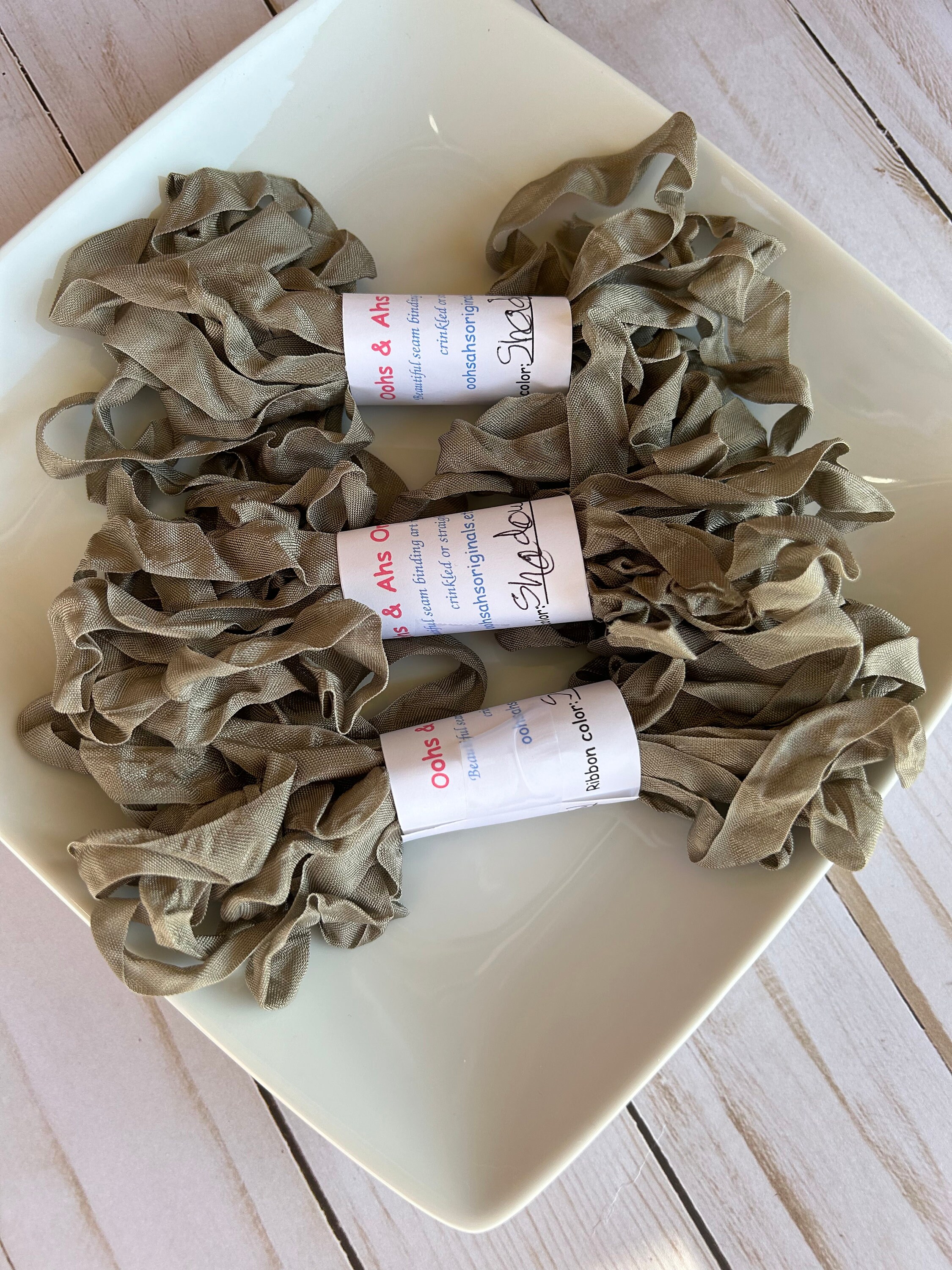 NEW color Scrunched Crinkled curly SHADOW GREY seam binding ribbon, 5 yards, junk journaling ribbon, junk journal, sewing, art ribbon