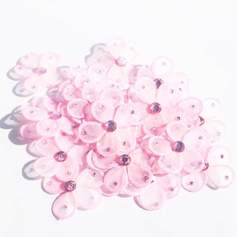 2.5 Pink wired organza flower with 6 pink rhinestones on each flower-very pretty and unique hairbows bouquets fabric art scrapbooking