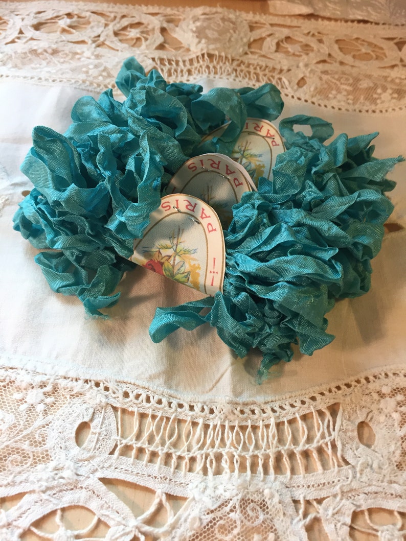 Ribbon NEW Scrunched CrinkledBlue Green Zircon seam binding 12 inch wide 5 yards scrapbooking card making tag art gift wrap shabby victori