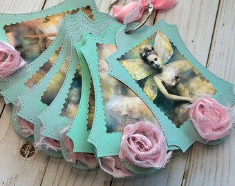 9 Handmade paper ballerina pastel ephemera tags, tag ring, journaling tags, scrapbook tags, set of tags, embellished tags, ephemera tags