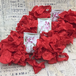 May include: Red ruffled trim ribbon with vintage style labels that say "Aux Violets" in French.