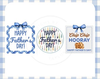 May include: Three Father's Day designs. The first is a blue gingham frame with "HAPPY Father's DAY!" text. The second is a circle with colorful ties and "HAPPY Father's DAY!" text. The third is a square with a cookie graphic and "Chip Chip HOORAY" text.