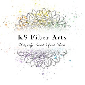 May include: A logo for KS Fiber Arts, a business that sells uniquely hand-dyed yarn. The logo features a colorful watercolor background with a black and white mandala design.