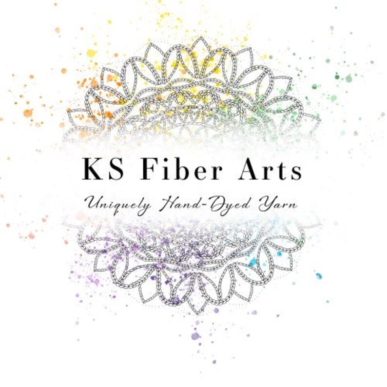 May include: A logo for KS Fiber Arts, a business that sells uniquely hand-dyed yarn. The logo features a colorful watercolor background with a black and white mandala design.