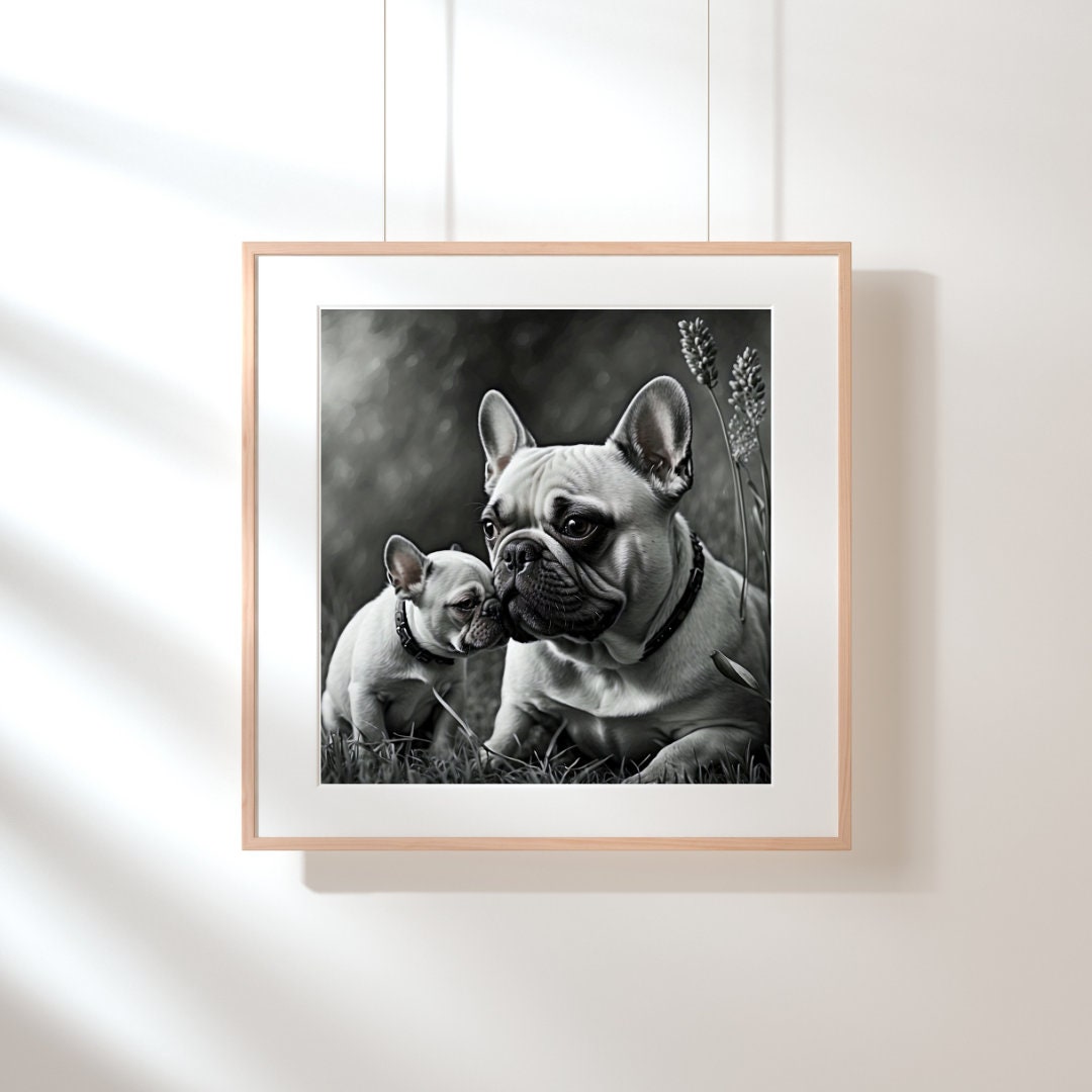 Dogs French Bulldogs Wall Art Framed Poster Monochrome Digital Print ...