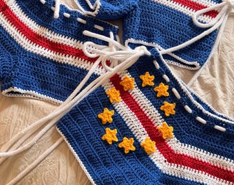 Shorts de crochê de Cabo Verde, shorts artesanais com a bandeira de Cabo Verde, shorts personalizados para festivais, roupas de Cabo Verde, roupa de carnaval