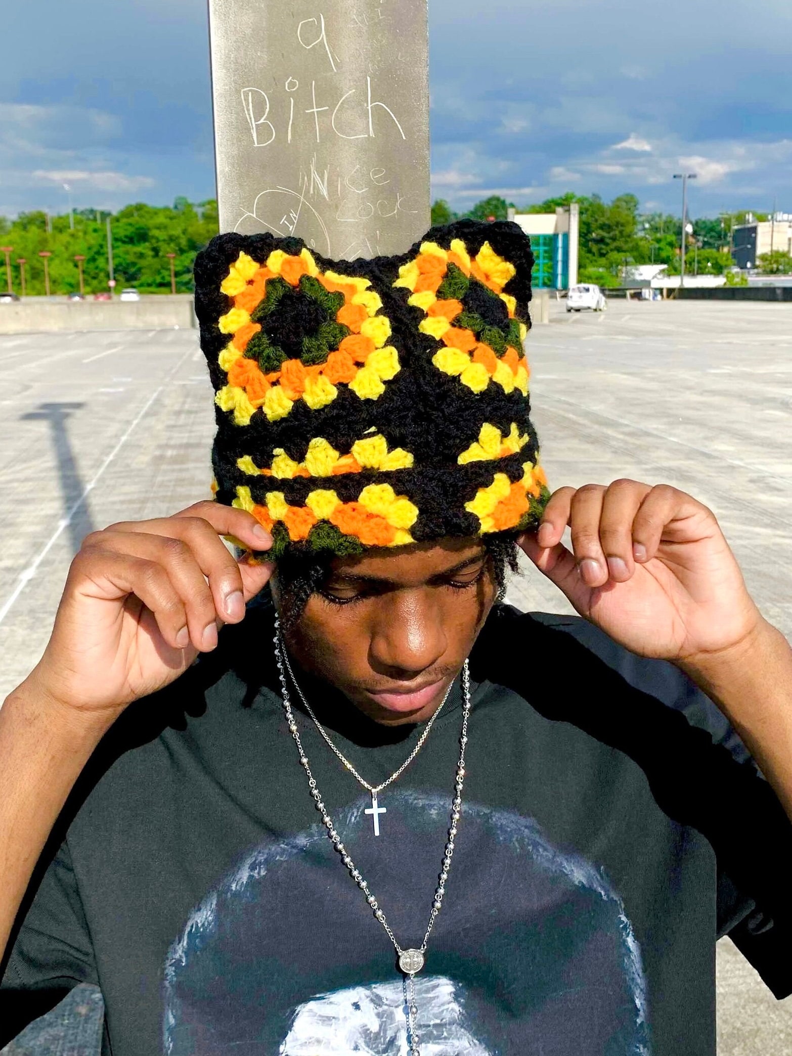 Crochet Granny Square Cat Beanie Hat