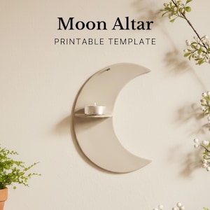 May include: A crescent moon-shaped shelf with a small candle on a shelf. The text "Moon Altar Printable Template" is at the top. The shelf is mounted on a light-colored wall, with greenery in the background.