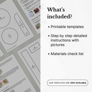 Może przedstawiać: Pokazano wydrukowane szablony i instrukcje do projektu DIY. Obraz zawiera schematy podstawki, wazonu i maselniczki z tekstem "What's included?" i "Our templates are 100% scalable."