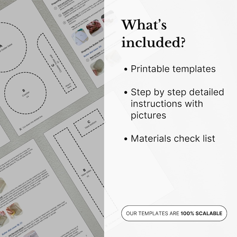 Może przedstawiać: Pokazano wydrukowane szablony i instrukcje do projektu DIY. Obraz zawiera schematy podstawki, wazonu i maselniczki z tekstem "What's included?" i "Our templates are 100% scalable."