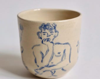Handmade Ceramic Coffee Mug: Blue Line Art Stoneware Tea Cup