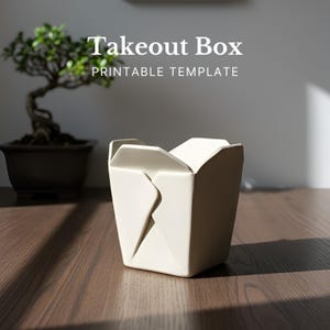Puede incluir: Una caja para llevar blanca con un diseño plegado, colocada sobre una superficie de madera. El texto "Takeout Box PRINTABLE TEMPLATE" se muestra encima de la caja. Un bonsái es visible en el fondo.