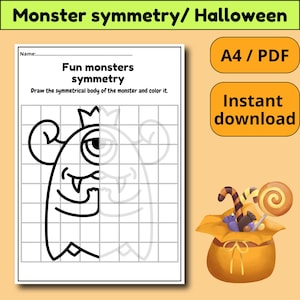 Tekenactiviteit Monster Symmetry: kleurplaten Halloween (digitale download)