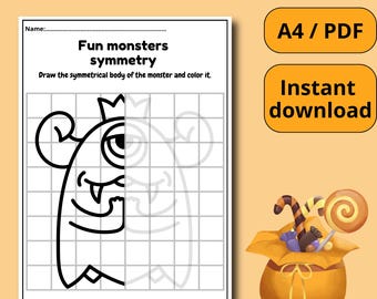 Monster Symmetry Drawing Activity: Halloween Coloring Pages (Digital Download)
