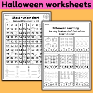May include: Black and white printable Halloween-themed worksheets for kids. The first worksheet is a number chart with a ghost, spider, cauldron, and skeleton. The second worksheet has a Halloween counting activity with pumpkins, spiders, ghosts, skulls, cauldrons, potion bottles, witches' hats, and candy.