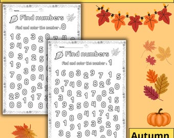 Fall Number Find & Color Sheets: 0-20, PreK-2nd Grade (PDF)