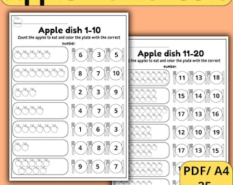 Apple Math Worksheets: Counting, Coloring, Cut & Paste (PDF)