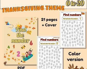 Thanksgiving Number Find & Color Activity Pack (0–20) ,for K–3, digital product, instant download