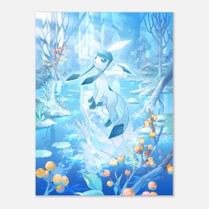 Lámina de arte mural de Glaceon: elegante diseño inspirado en el juego de cartas coleccionables de Pokémon de tipo hielo para fanáticos, jugadores y coleccionistas: regalo perfecto para los amantes de Pokémon