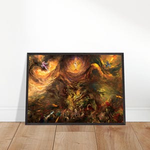 Pode incluir: Pintura abstrata com cores que giram em ouro, amarelo, laranja e marrom. A pintura apresenta uma fonte de luz central e figuras no fundo.