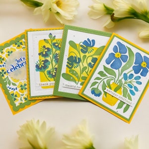 Cartões feitos à mão, cartões de aniversário e de agradecimento, conjunto de 4 cartões com envelopes, flores, interior em branco