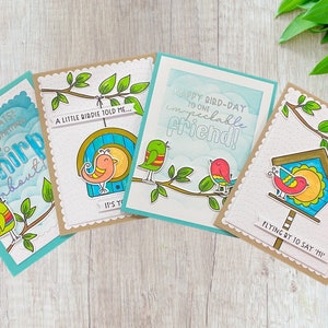Cartões feitos à mão, pássaros, conjunto de 4 cartões com envelopes, interior em branco