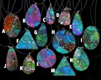 Alcohol Ink & Crinkled Foil resin pendants, varied shapes and colors, hung on a black cord