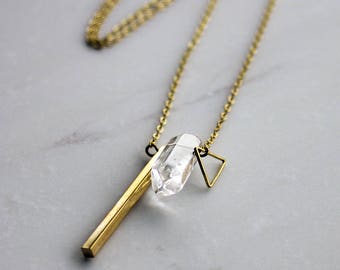 Crystal Quartz and gold bar necklace, Faceted Crystal necklace, gold bar pendant, bridesmaid necklace, Long necklace, mothers day gift