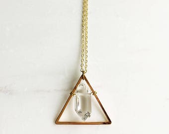 Rose Gold Triangle and Crystal Necklace, triangle necklace, Faceted Crystal Necklace, Rose Gold Necklace, crystal pendant, quartz pendant