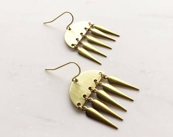 Gold Spike Statement Earrings, Brass earrings, tribal earrings, gold drop earrings, boho earrings, long gold earrings, arrow earrings