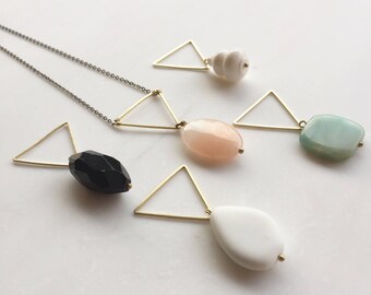 Triangle necklace, long necklace, Choose one gemstone necklace, Pink stone necklace, white stone necklace, black stone necklace,, bridesmaid