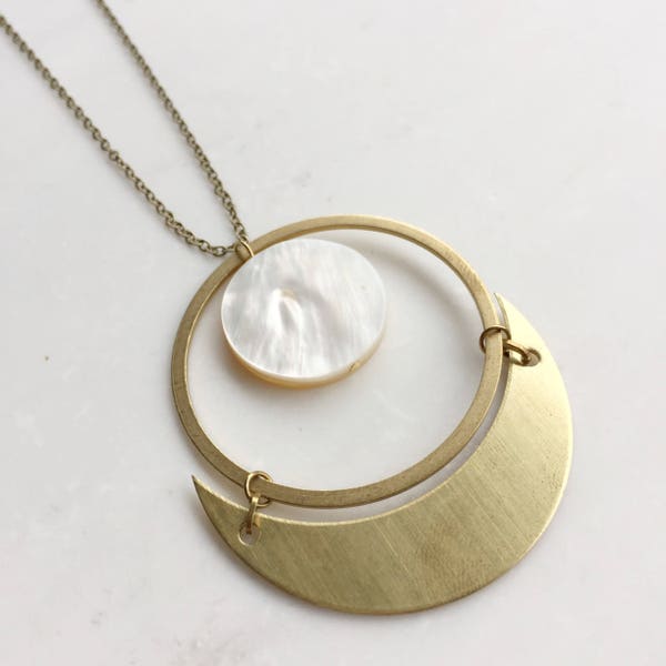 Crescent moon and mother of pearl statement necklace, statement necklace, moon necklace, mother of pearl gold necklace, gift for her