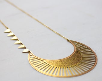 Crescent Moon Necklace, ethnic jewelry, statement necklace, boho necklace, gold moon necklace, unique gift for her, gold triangle necklace