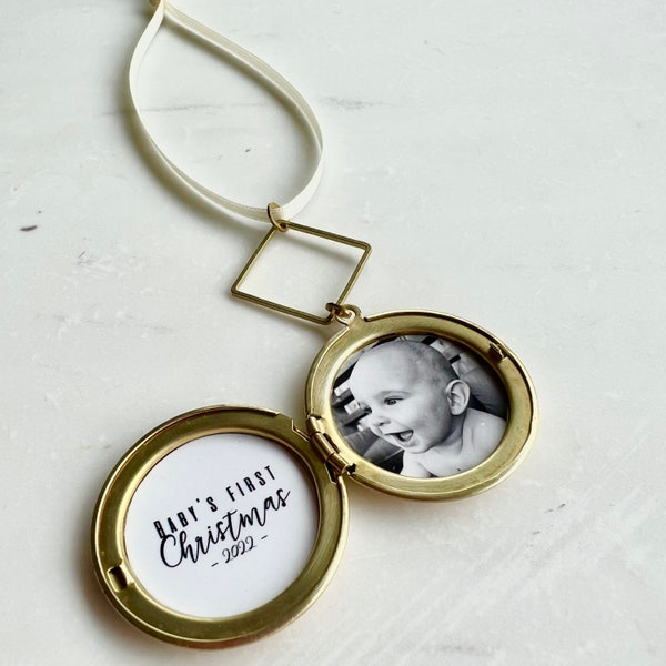 Baby's first Christmas, Custom Christmas ornament, gold locket ornament, photo