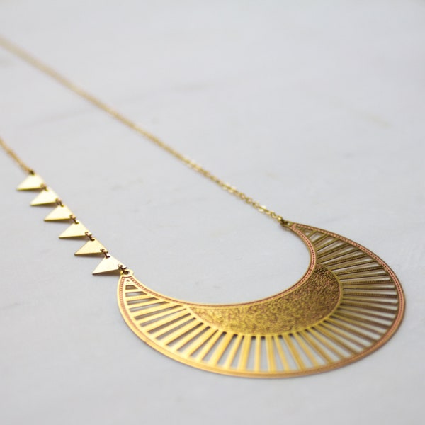 Crescent Moon Necklace, ethnic jewelry, statement necklace, boho necklace, gold moon necklace, unique gift for her, gold triangle necklace