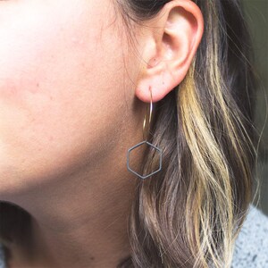 Minimalist Black and Gold Earrings, Modern Hoop with Hexagon, Honeycomb earrings image 2