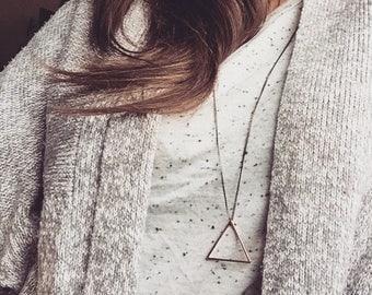 Rose Gold Triangle Necklace: Long Geometric Brass Pendant