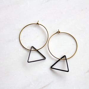 Gold Hoop Triangle Earrings, Black and Gold geometric hoops, Simple Earrings, Minimalist Earrings, Bridesmaid Earrings, Gift for her women